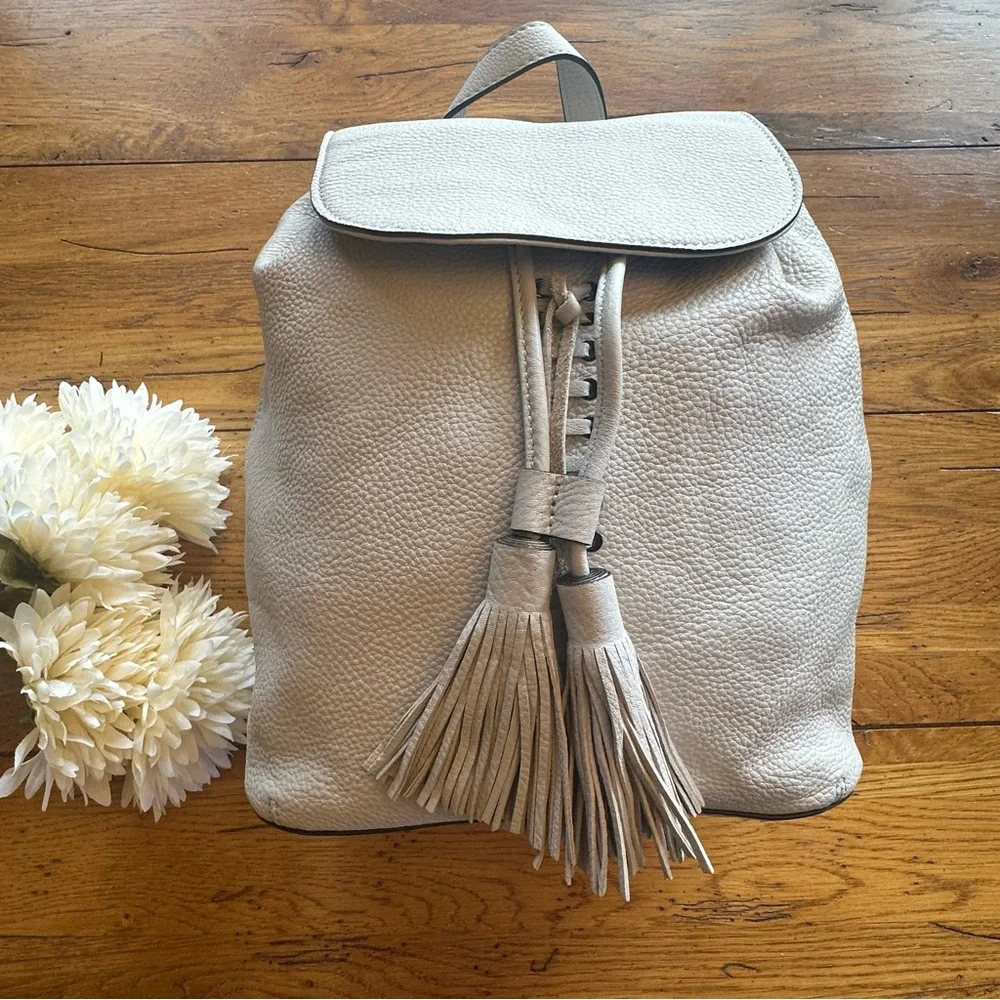 Rebecca Minkoff Cream Pebbled Leather Backpack with Lace Up and Tassel Detail